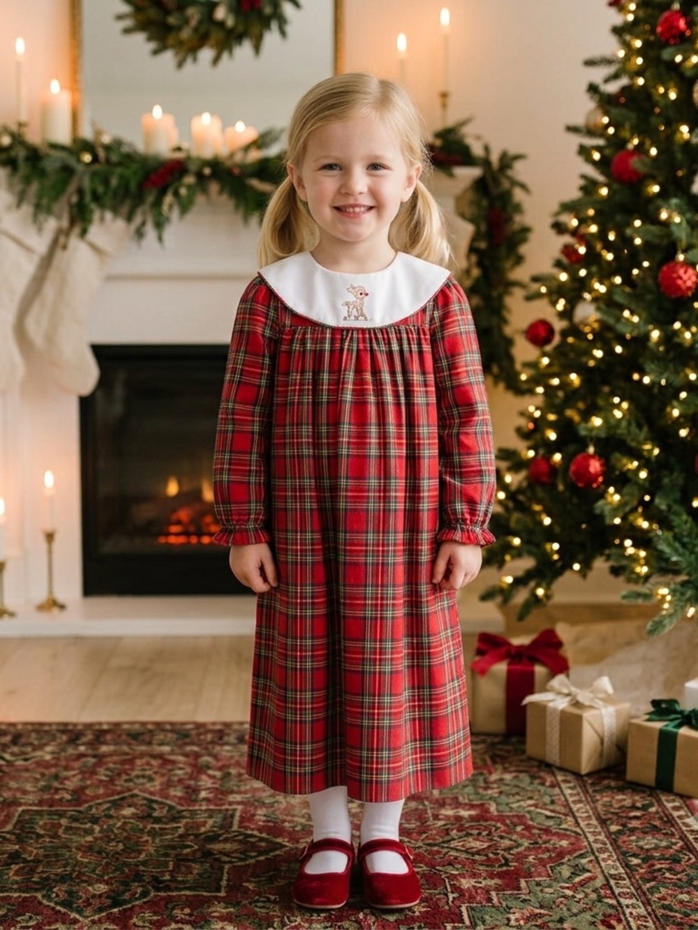 Bailey Boys Red Plaid Girls Holiday Dress with White Peter Pan Collar